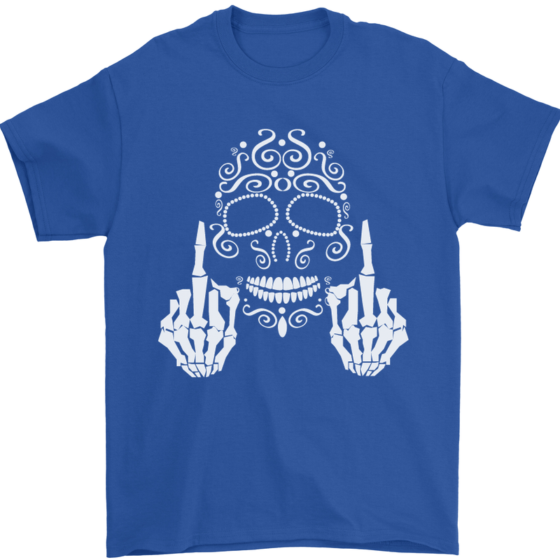 Sugar Skull Finger Flip Rude Offensive Mens T-Shirt Cotton Gildan Royal Blue