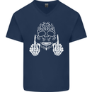 Sugar Skull Finger Flip Rude Offensive Mens V-Neck Cotton T-Shirt Navy Blue