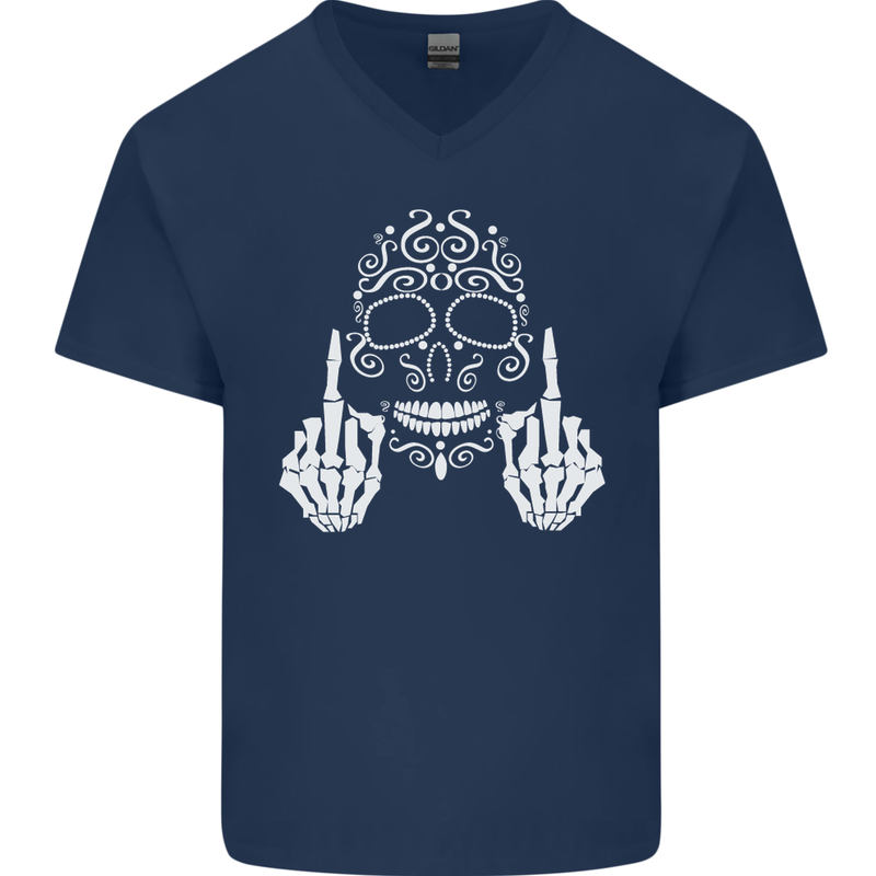 Sugar Skull Finger Flip Rude Offensive Mens V-Neck Cotton T-Shirt Navy Blue