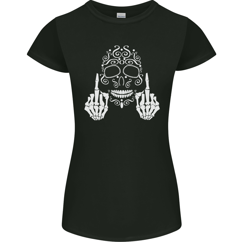 Sugar Skull Finger Flip Rude Offensive Womens Petite Cut T-Shirt Black