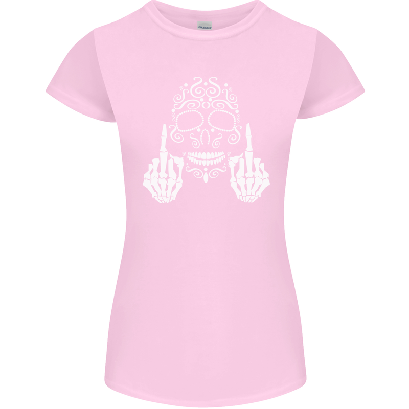 Sugar Skull Finger Flip Rude Offensive Womens Petite Cut T-Shirt Light Pink