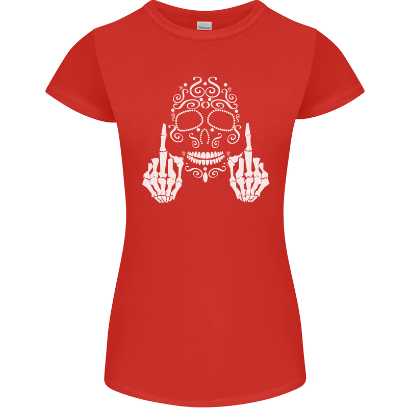 Sugar Skull Finger Flip Rude Offensive Womens Petite Cut T-Shirt Red
