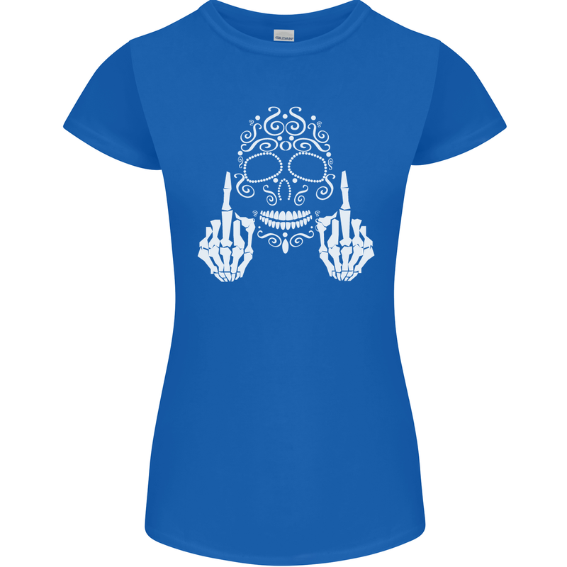 Sugar Skull Finger Flip Rude Offensive Womens Petite Cut T-Shirt Royal Blue