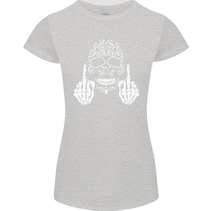 Sugar Skull Finger Flip Rude Offensive Womens Petite Cut T-Shirt Sports Grey