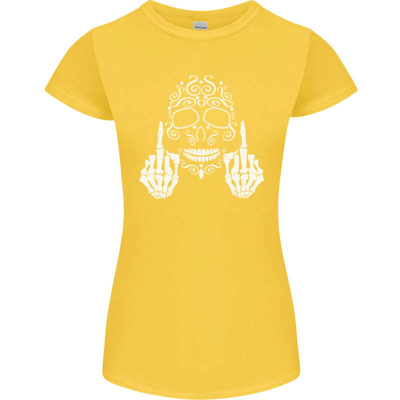 Sugar Skull Finger Flip Rude Offensive Womens Petite Cut T-Shirt Yellow
