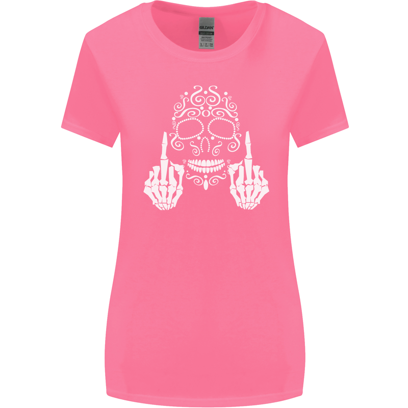 Sugar Skull Finger Flip Rude Offensive Womens Wider Cut T-Shirt Azalea