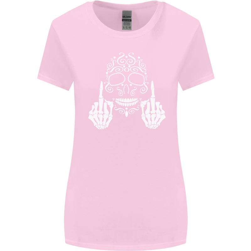 Sugar Skull Finger Flip Rude Offensive Womens Wider Cut T-Shirt Light Pink