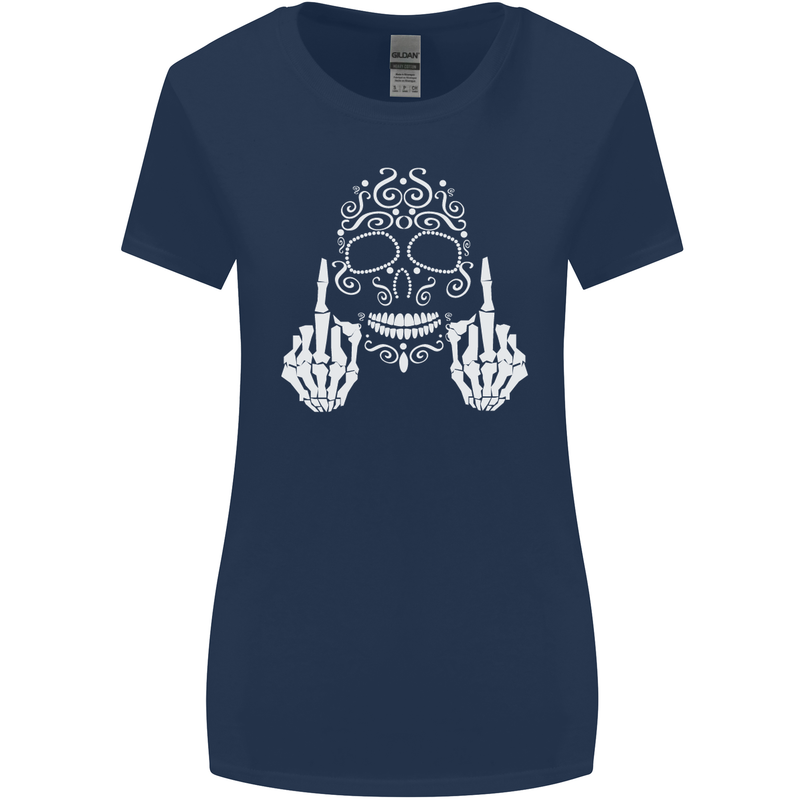 Sugar Skull Finger Flip Rude Offensive Womens Wider Cut T-Shirt Navy Blue