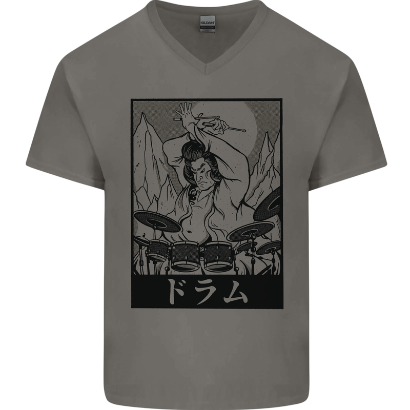 Sumo Wrestler Drummer Drumming Drum Mens V-Neck Cotton T-Shirt Charcoal