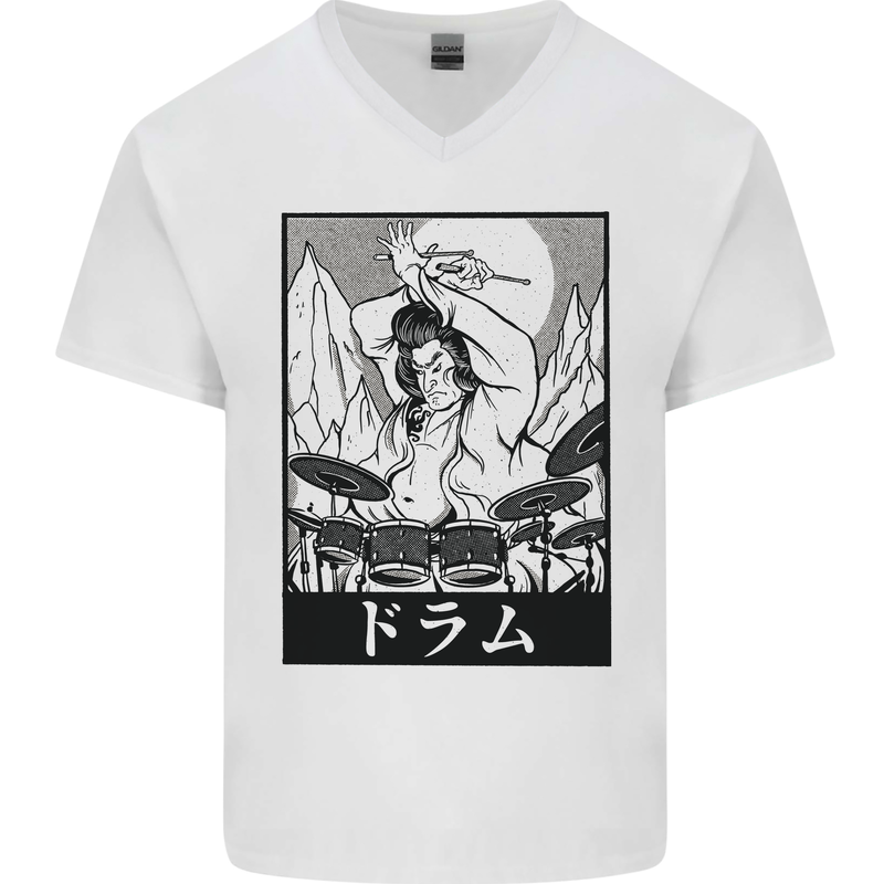 Sumo Wrestler Drummer Drumming Drum Mens V-Neck Cotton T-Shirt White