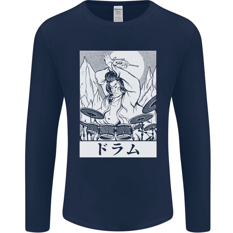 Sumo Wrestler Drummer Drumming Drums Mens Long Sleeve T-Shirt Navy Blue