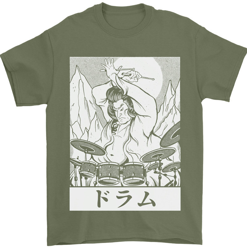Sumo Wrestler Drummer Drumming Drums Mens T-Shirt Cotton Gildan Military Green