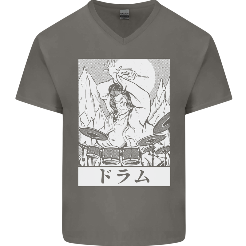 Sumo Wrestler Drummer Drumming Drums Mens V-Neck Cotton T-Shirt Charcoal