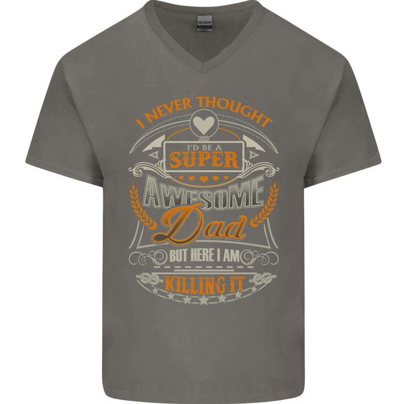 Super Awesome Dad Funny Fathers Day Mens V-Neck Cotton T-Shirt Charcoal