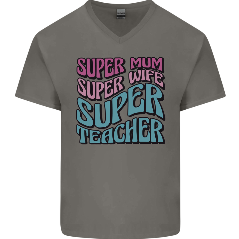 Super Mum Wife Teacher Mens V-Neck Cotton T-Shirt Charcoal
