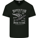 Super Plug Motorbike Cafe Racer Biker Mens V-Neck Cotton T-Shirt Black