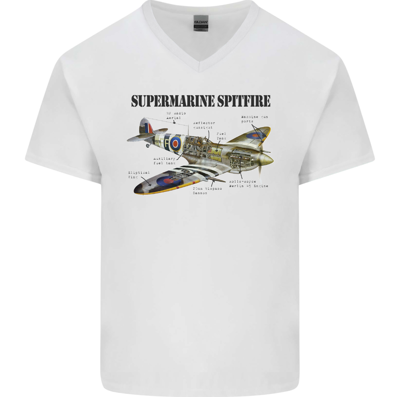Supermarine Spitfire Infopic Mens V-Neck Cotton T-Shirt White