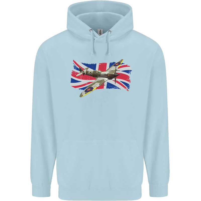 Supermarine Spitfire with the Union Jack Childrens Kids Hoodie Light Blue
