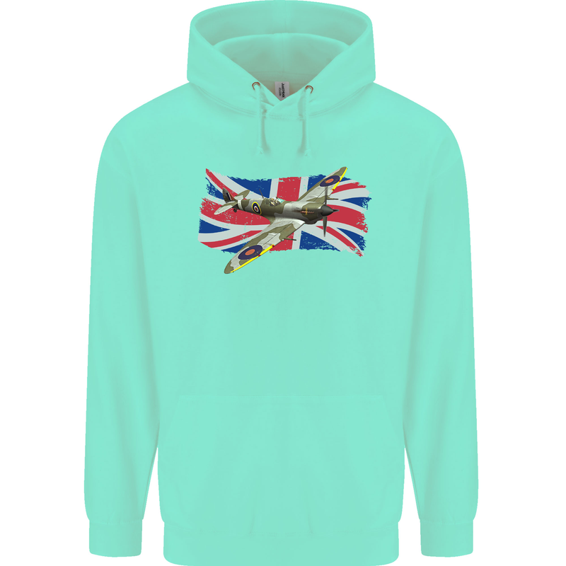 Supermarine Spitfire with the Union Jack Childrens Kids Hoodie Peppermint