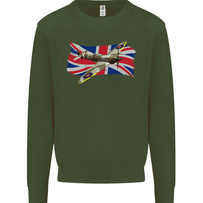 Supermarine Spitfire with the Union Jack Kids Sweatshirt Jumper Forest Green