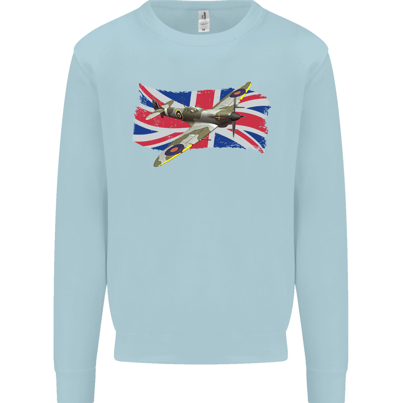 Supermarine Spitfire with the Union Jack Kids Sweatshirt Jumper Light Blue