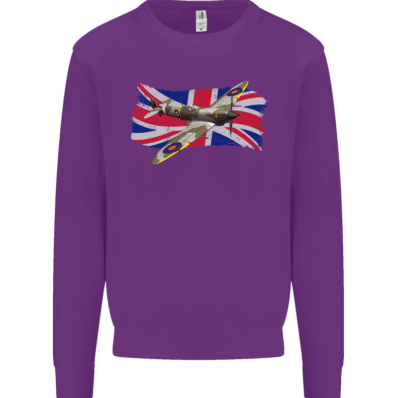 Supermarine Spitfire with the Union Jack Kids Sweatshirt Jumper Purple