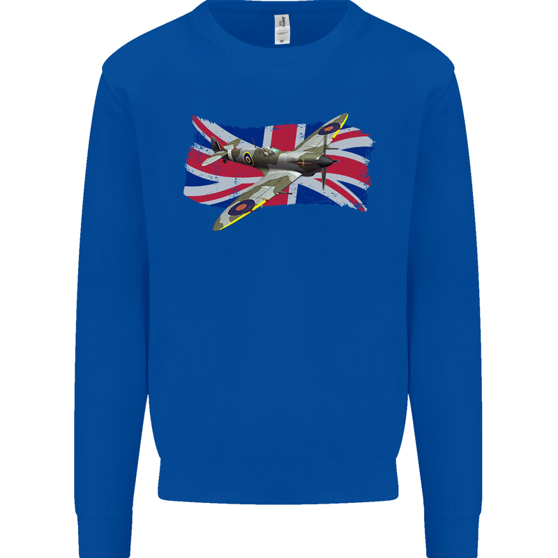 Supermarine Spitfire with the Union Jack Kids Sweatshirt Jumper Royal Blue