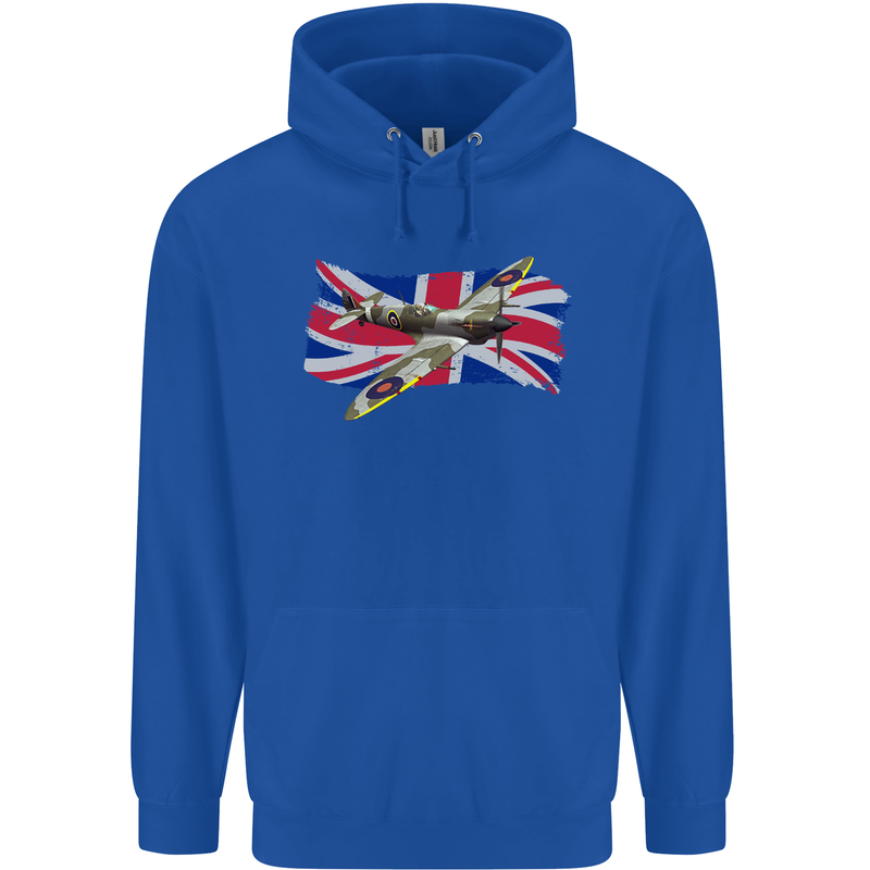 Supermarine Spitfire with the Union Jack Mens 80% Cotton Hoodie Royal Blue