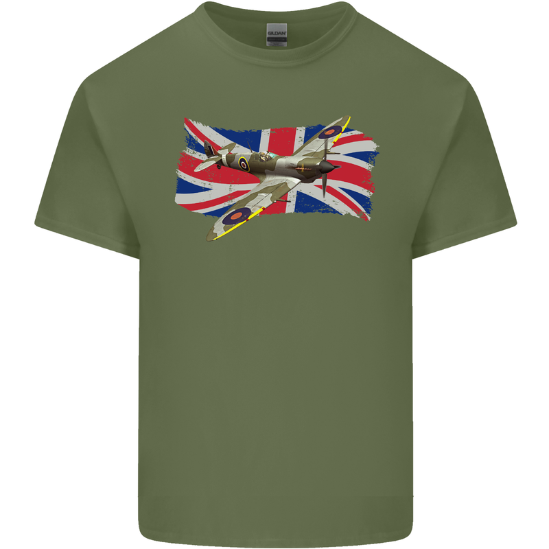Supermarine Spitfire with the Union Jack Mens Cotton T-Shirt Tee Top Military Green