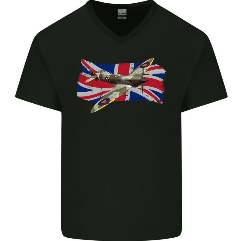 Supermarine Spitfire with the Union Jack Mens V-Neck Cotton T-Shirt Black