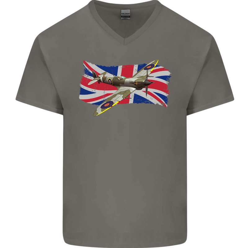 Supermarine Spitfire with the Union Jack Mens V-Neck Cotton T-Shirt Charcoal
