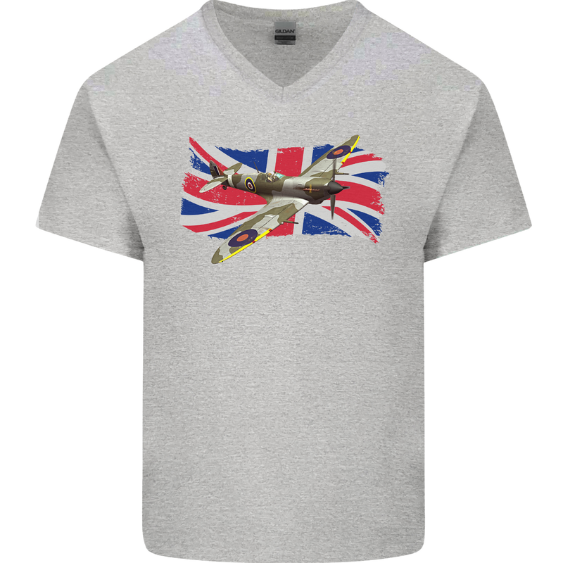Supermarine Spitfire with the Union Jack Mens V-Neck Cotton T-Shirt Sports Grey