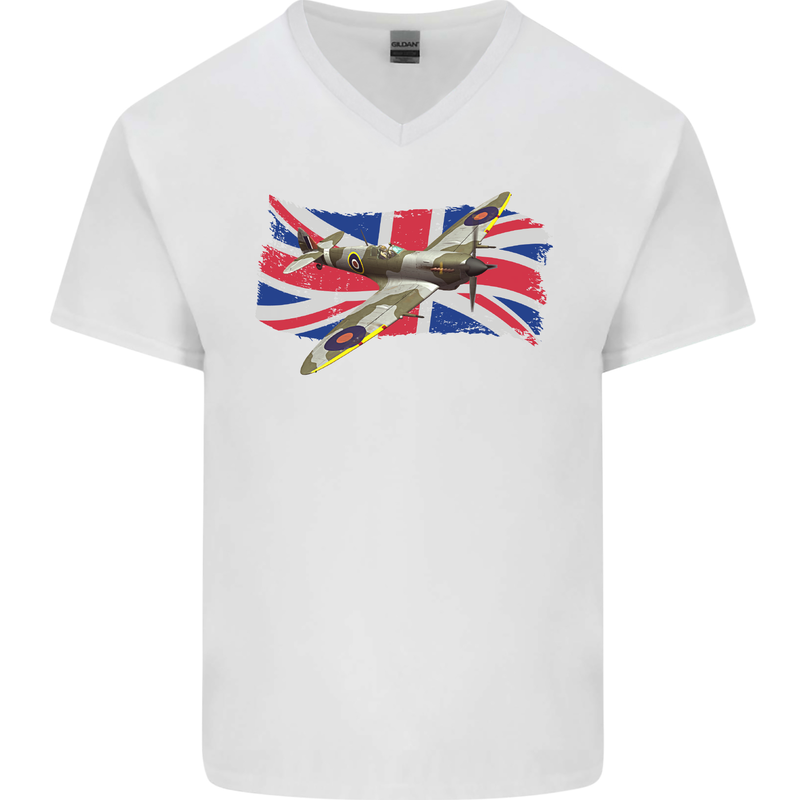 Supermarine Spitfire with the Union Jack Mens V-Neck Cotton T-Shirt White