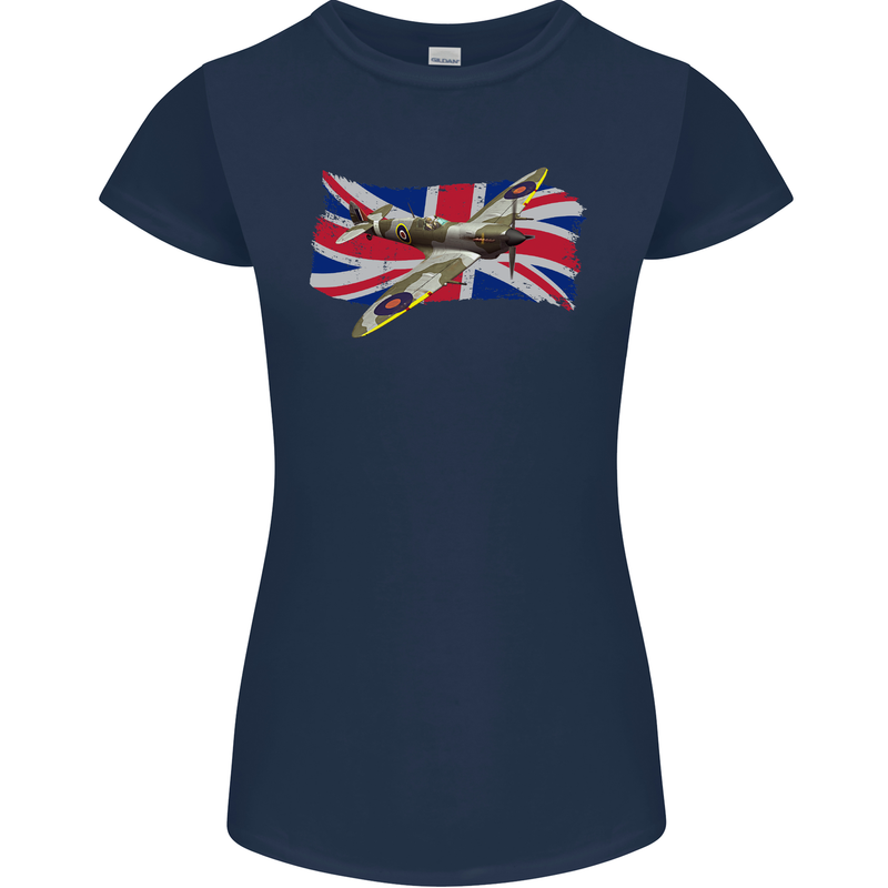 Supermarine Spitfire with the Union Jack Womens Petite Cut T-Shirt Navy Blue
