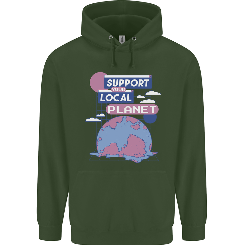 Support Your Local Planet Climate Change Mens 80% Cotton Hoodie Forest Green