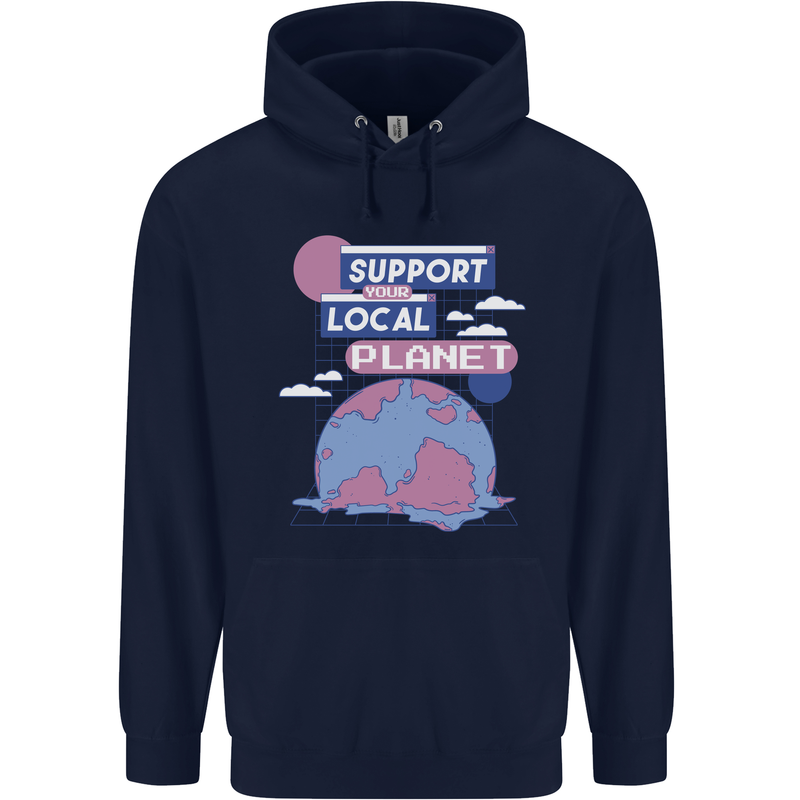Support Your Local Planet Climate Change Mens 80% Cotton Hoodie Navy Blue