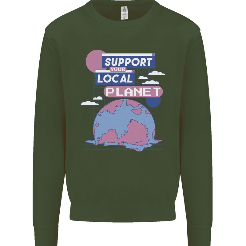 Support Your Local Planet Climate Change Mens Sweatshirt Jumper Forest Green