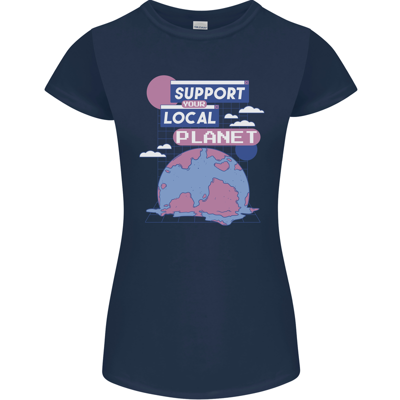 Support Your Local Planet Climate Change Womens Petite Cut T-Shirt Navy Blue