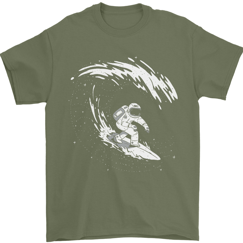 Surfing Spaceman Astornaut Surfer Surf Mens T-Shirt Cotton Gildan Military Green