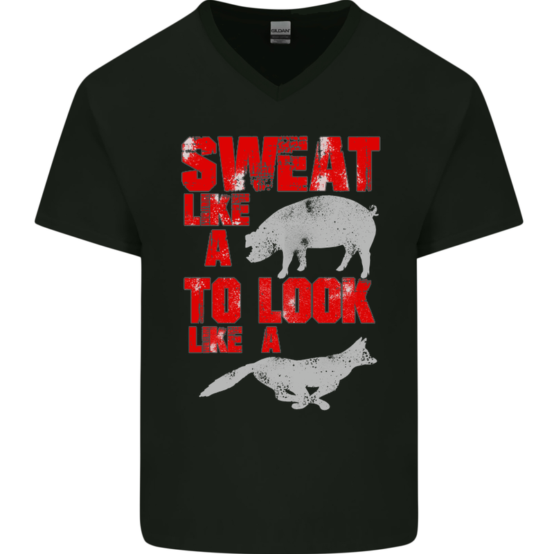 Sweat Like a Pig to Look Like a Fox Gym Mens V-Neck Cotton T-Shirt Black