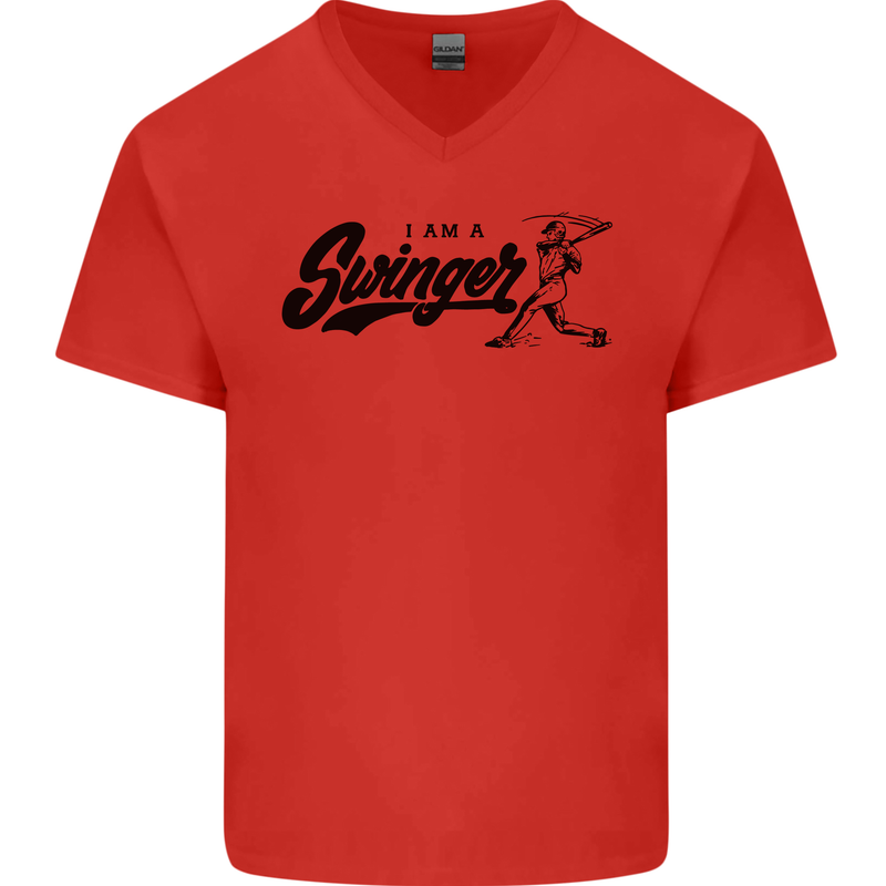 Swinger Funny Baseball Softball Mens V-Neck Cotton T-Shirt Red