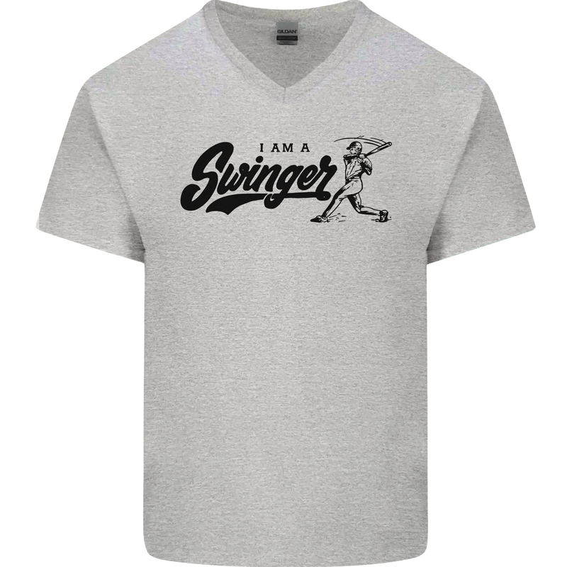Swinger Funny Baseball Softball Mens V-Neck Cotton T-Shirt Sports Grey