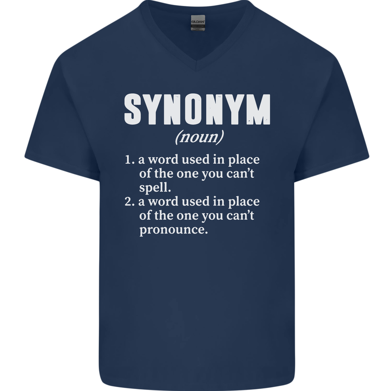 Synonym Funny Definition Slogan Mens V-Neck Cotton T-Shirt Navy Blue