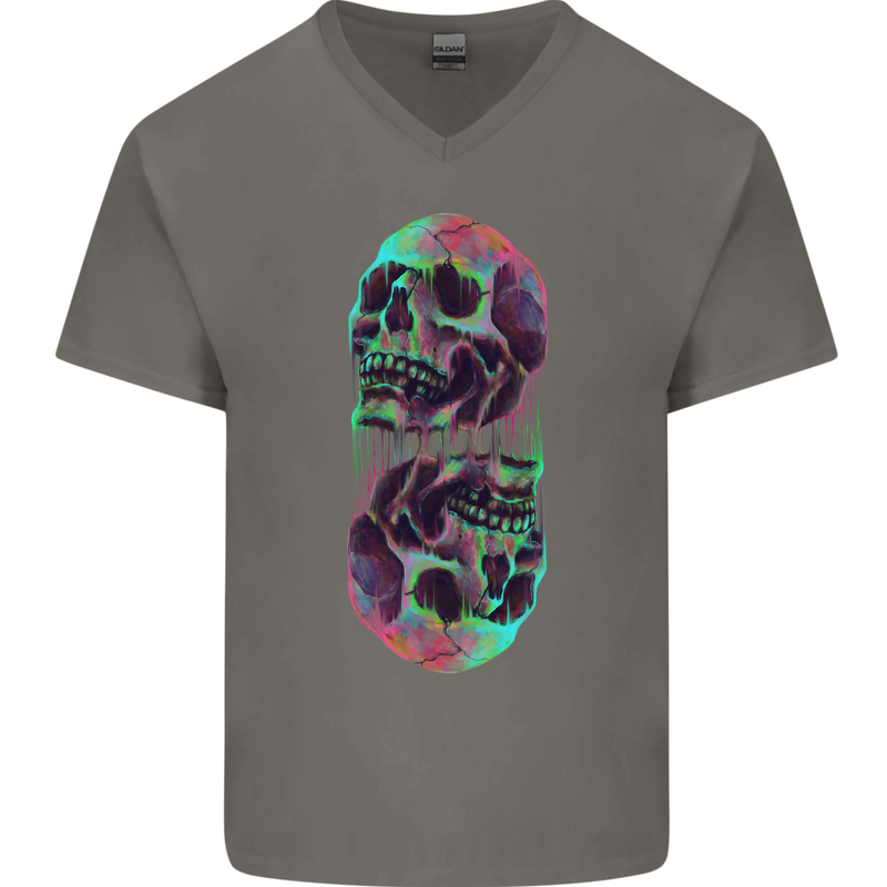 Synthesize Skulls Mens V-Neck Cotton T-Shirt Charcoal