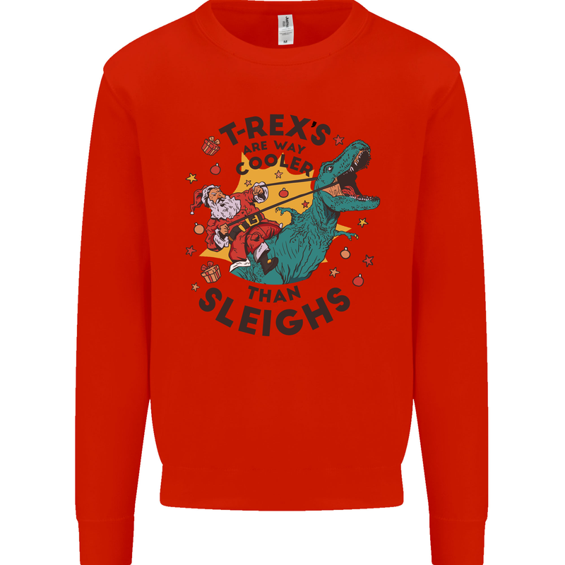 T-Rex Cooler than Sleighs Funny Christmas Kids Sweatshirt Jumper Bright Red