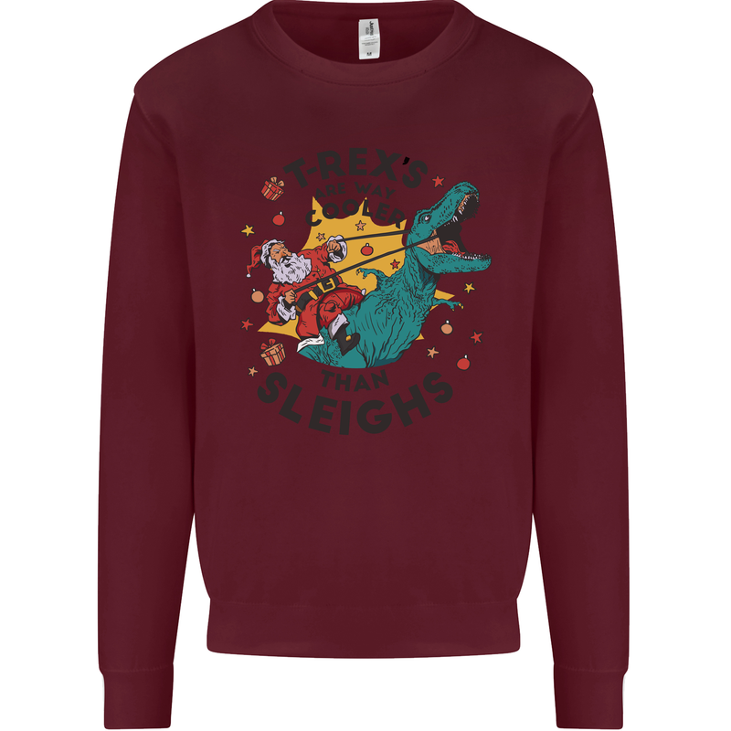 T-Rex Cooler than Sleighs Funny Christmas Kids Sweatshirt Jumper Maroon