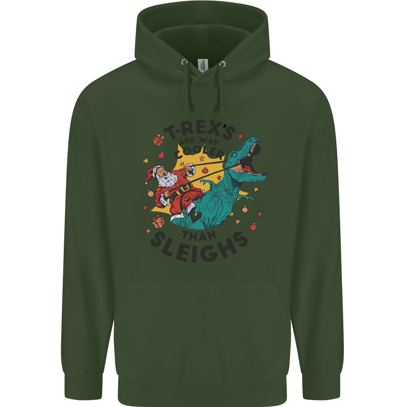 T-Rex Cooler than Sleighs Funny Christmas Mens 80% Cotton Hoodie Forest Green