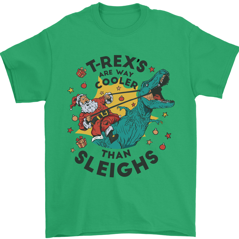 T-Rex Cooler than Sleighs Funny Christmas Mens T-Shirt Cotton Gildan Irish Green