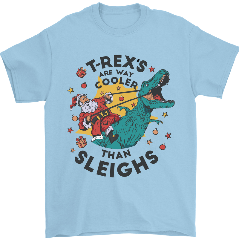 T-Rex Cooler than Sleighs Funny Christmas Mens T-Shirt Cotton Gildan Light Blue