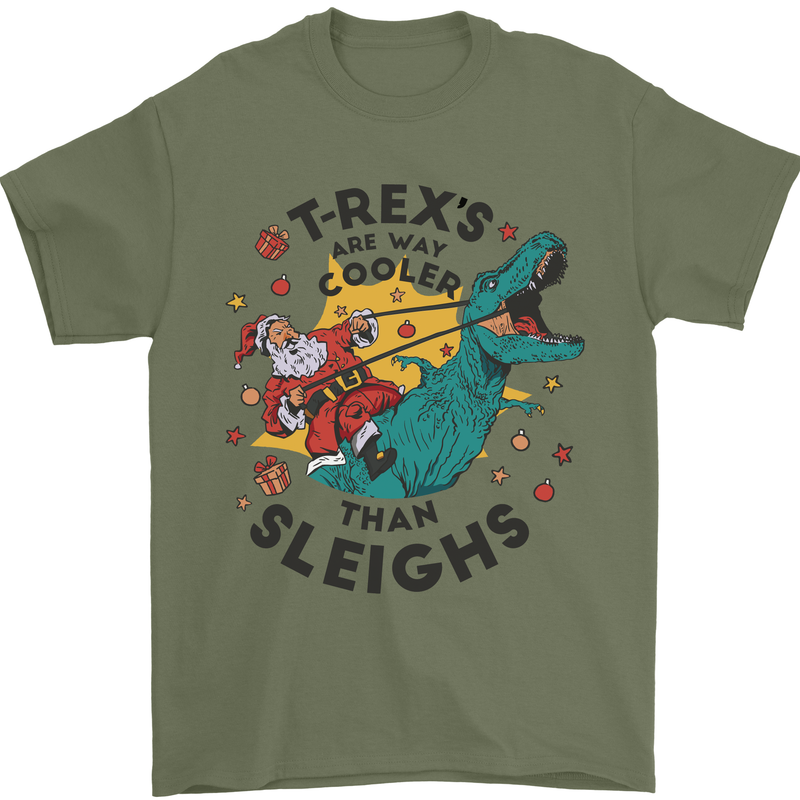 T-Rex Cooler than Sleighs Funny Christmas Mens T-Shirt Cotton Gildan Military Green